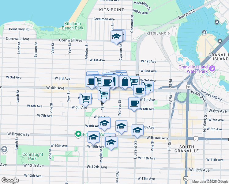 map of restaurants, bars, coffee shops, grocery stores, and more near in Vancouver