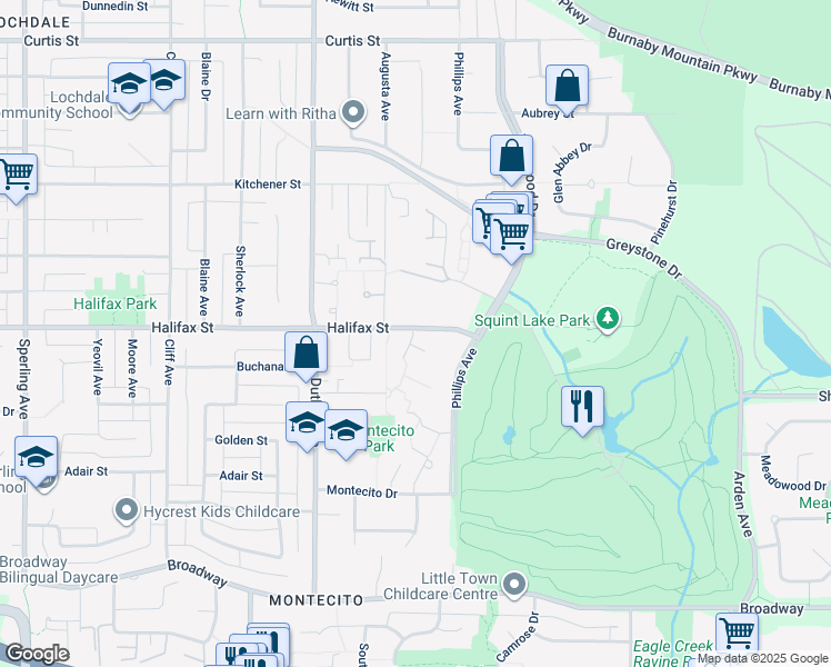map of restaurants, bars, coffee shops, grocery stores, and more near 1825 Goleta Drive in Burnaby