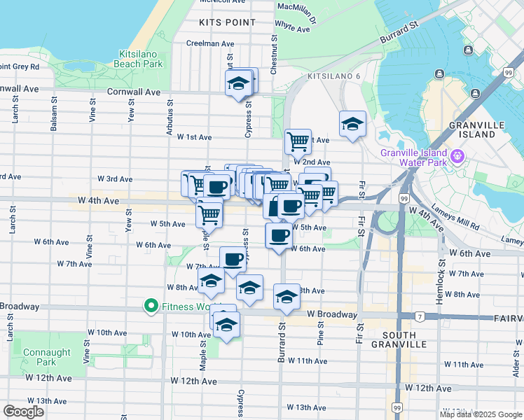 map of restaurants, bars, coffee shops, grocery stores, and more near in Vancouver