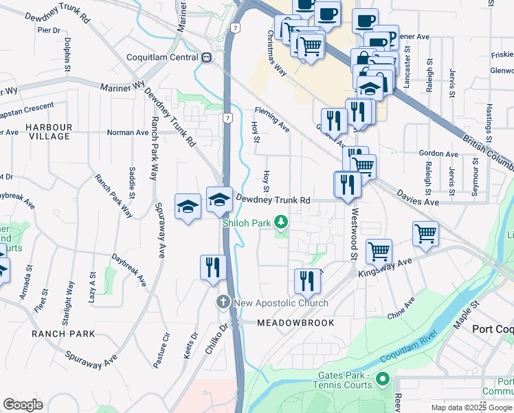 map of restaurants, bars, coffee shops, grocery stores, and more near 2962 Dewdney Trunk Road in Coquitlam