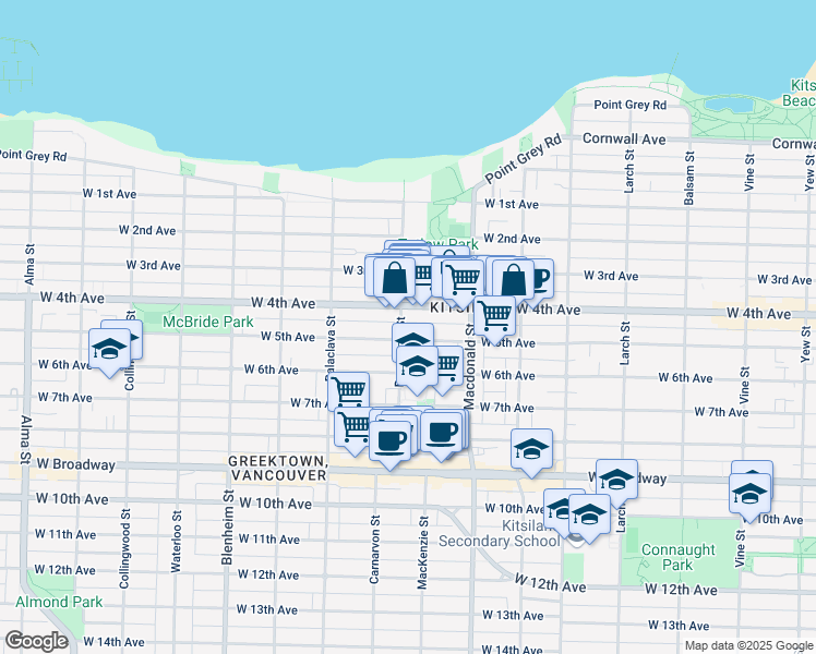map of restaurants, bars, coffee shops, grocery stores, and more near 2034 Bayswater Street in Vancouver