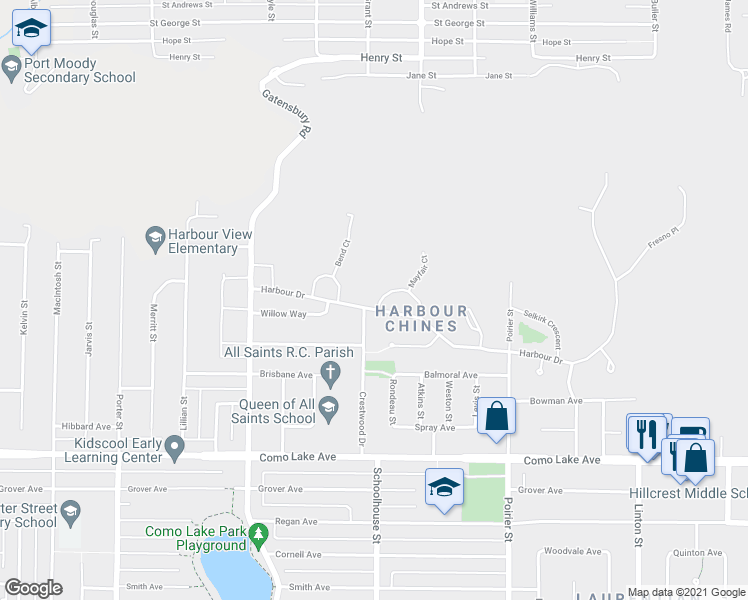 map of restaurants, bars, coffee shops, grocery stores, and more near 1501 Marine Crescent in Coquitlam