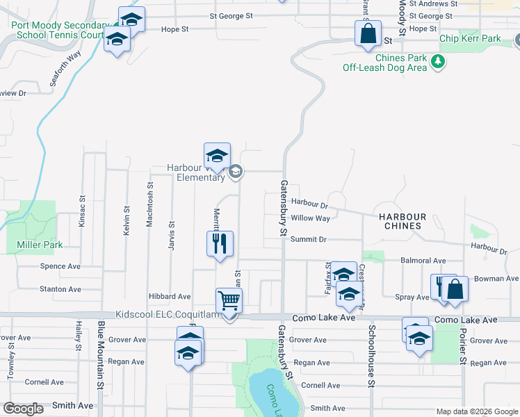 map of restaurants, bars, coffee shops, grocery stores, and more near 1209 Crest Court in Coquitlam