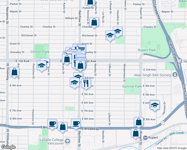 map of restaurants, bars, coffee shops, grocery stores, and more near 1843 Nootka Street in Vancouver