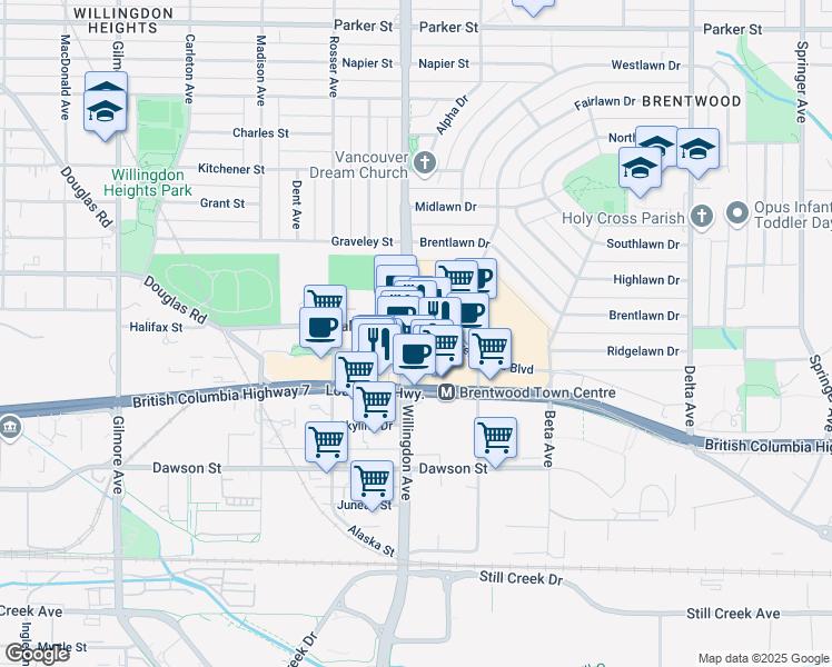 map of restaurants, bars, coffee shops, grocery stores, and more near 1920 Willingdon Avenue in Burnaby