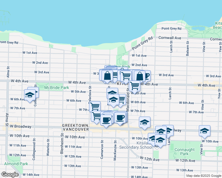 map of restaurants, bars, coffee shops, grocery stores, and more near 2034 Bayswater Street in Vancouver