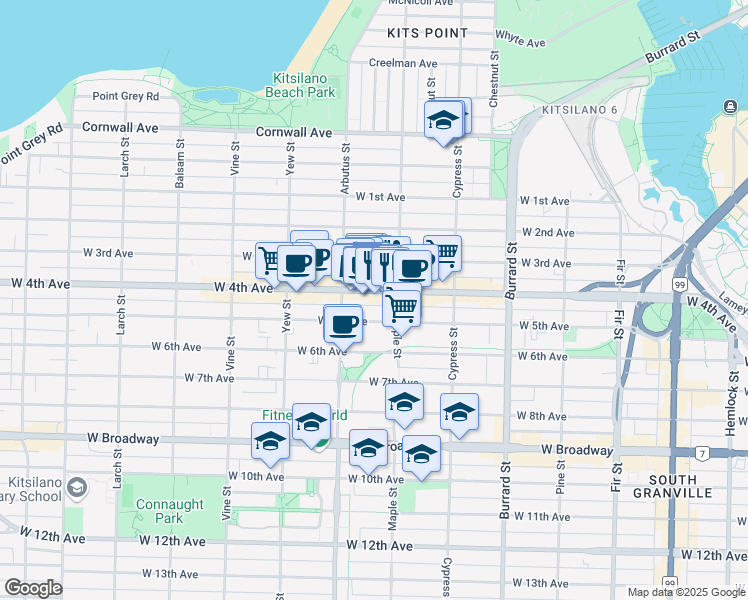 map of restaurants, bars, coffee shops, grocery stores, and more near 2052 West 4th Avenue in Vancouver