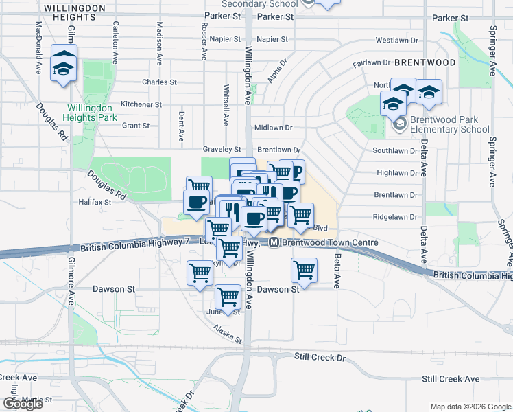 map of restaurants, bars, coffee shops, grocery stores, and more near 1820 Willingdon Avenue in Burnaby