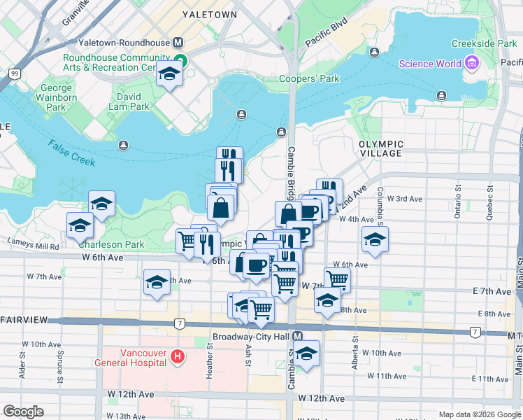 map of restaurants, bars, coffee shops, grocery stores, and more near 522 Moberly Road in Vancouver