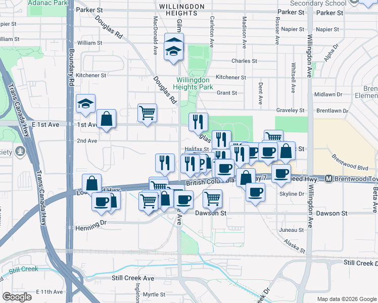 map of restaurants, bars, coffee shops, grocery stores, and more near 4118 Halifax Street in Burnaby