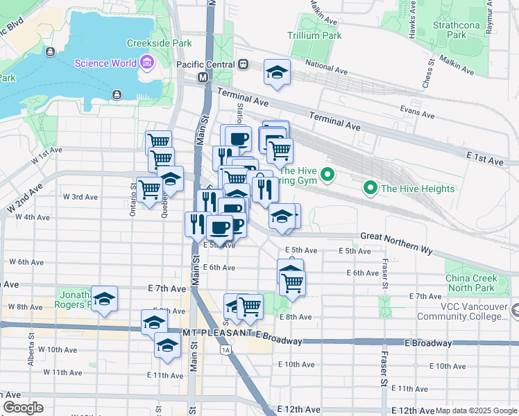 map of restaurants, bars, coffee shops, grocery stores, and more near 330 East 1st Avenue in Vancouver