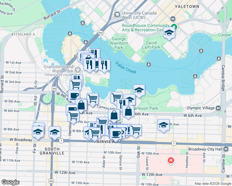 map of restaurants, bars, coffee shops, grocery stores, and more near 1106 Ironwork Passage in Vancouver