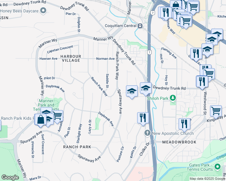 map of restaurants, bars, coffee shops, grocery stores, and more near 953 Ranch Park Way in Coquitlam