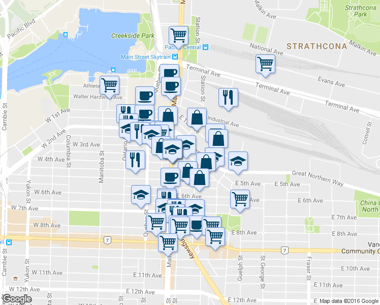 map of restaurants, bars, coffee shops, grocery stores, and more near in Vancouver