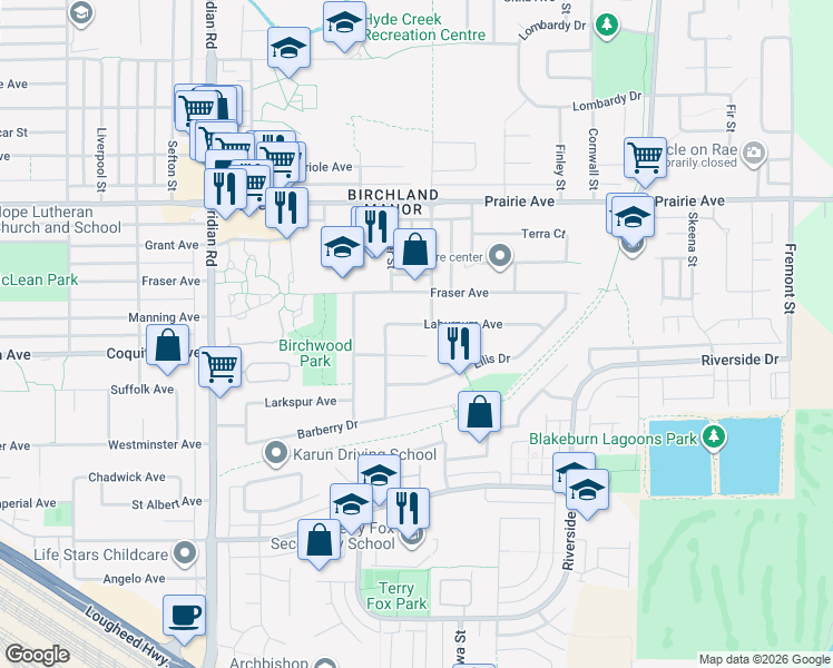 map of restaurants, bars, coffee shops, grocery stores, and more near 1214 Laburnum Avenue in Port Coquitlam