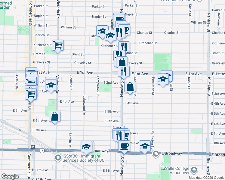 map of restaurants, bars, coffee shops, grocery stores, and more near 2307 East 3rd Avenue in Vancouver