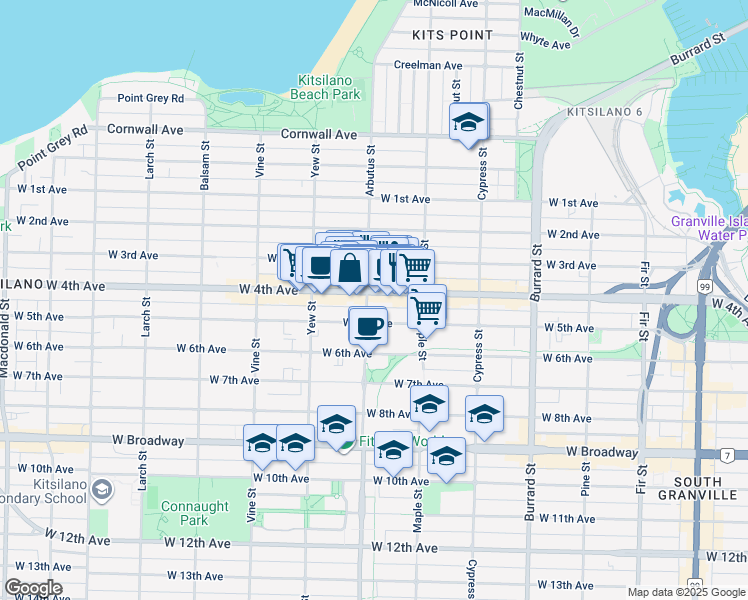 map of restaurants, bars, coffee shops, grocery stores, and more near in Vancouver