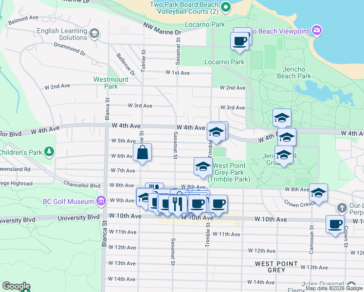 map of restaurants, bars, coffee shops, grocery stores, and more near 4486 West 5th Avenue in Vancouver