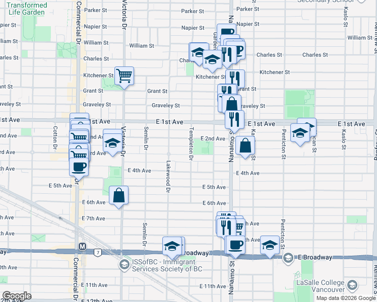 map of restaurants, bars, coffee shops, grocery stores, and more near 2195 East 3rd Avenue in Vancouver