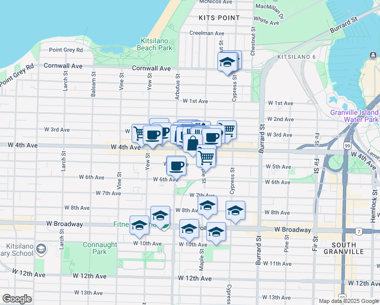 map of restaurants, bars, coffee shops, grocery stores, and more near 2052 West 4th Avenue in Vancouver