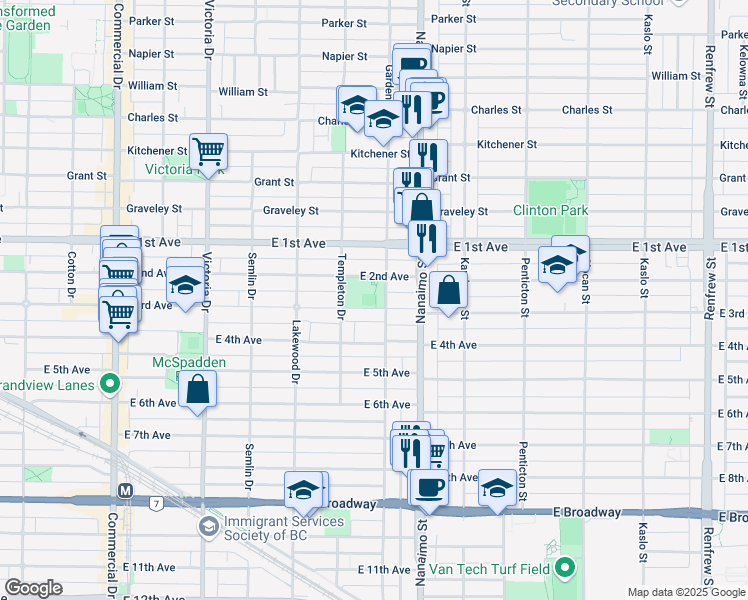 map of restaurants, bars, coffee shops, grocery stores, and more near 2307 East 3rd Avenue in Vancouver