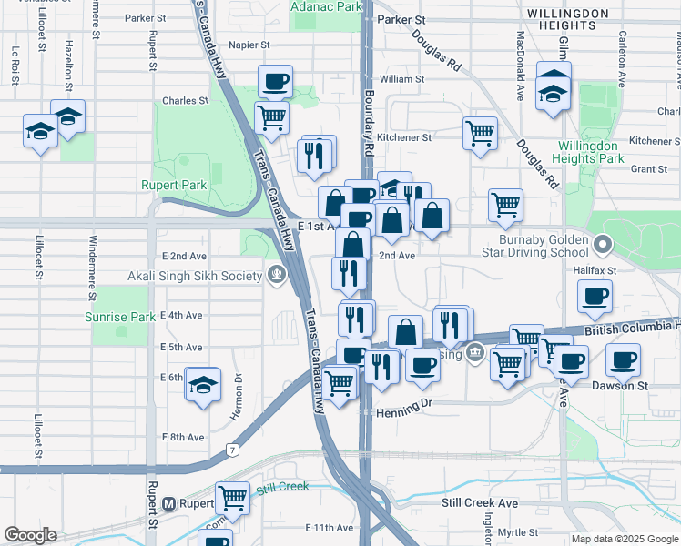 map of restaurants, bars, coffee shops, grocery stores, and more near in Vancouver