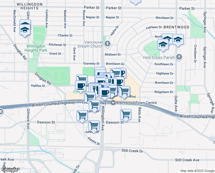 map of restaurants, bars, coffee shops, grocery stores, and more near 4510 Halifax Way in Burnaby