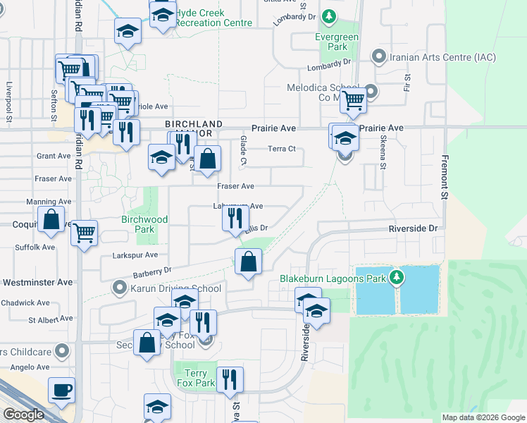 map of restaurants, bars, coffee shops, grocery stores, and more near 1138 Laburnum Avenue in Port Coquitlam