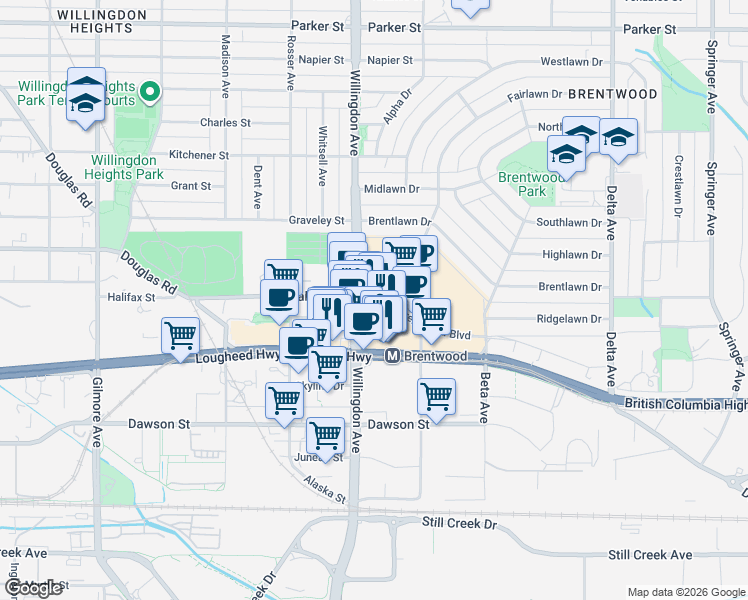 map of restaurants, bars, coffee shops, grocery stores, and more near 4510 Halifax Way in Burnaby