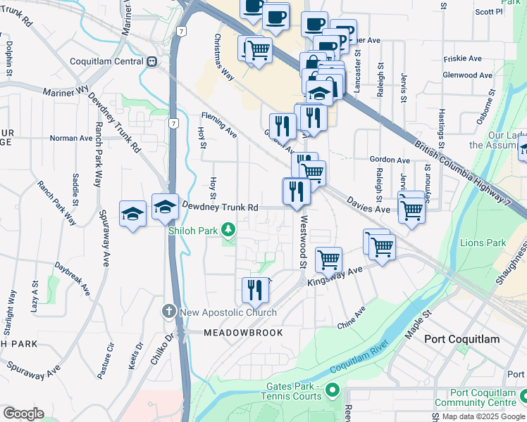 map of restaurants, bars, coffee shops, grocery stores, and more near 908 Birchbrook Place in Coquitlam