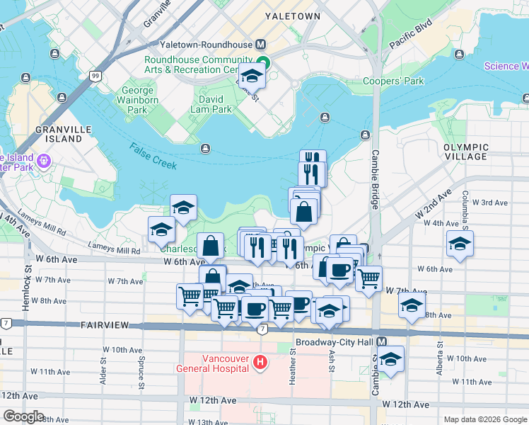 map of restaurants, bars, coffee shops, grocery stores, and more near 836 Millbank in Vancouver