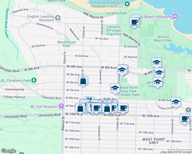 map of restaurants, bars, coffee shops, grocery stores, and more near 4534 West 5th Avenue in Vancouver