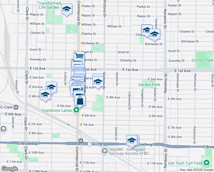map of restaurants, bars, coffee shops, grocery stores, and more near 1917 East 3rd Avenue in Vancouver