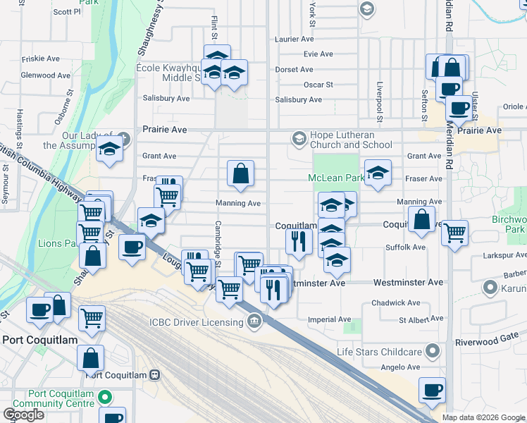 map of restaurants, bars, coffee shops, grocery stores, and more near 3047 Oxford Street in Port Coquitlam