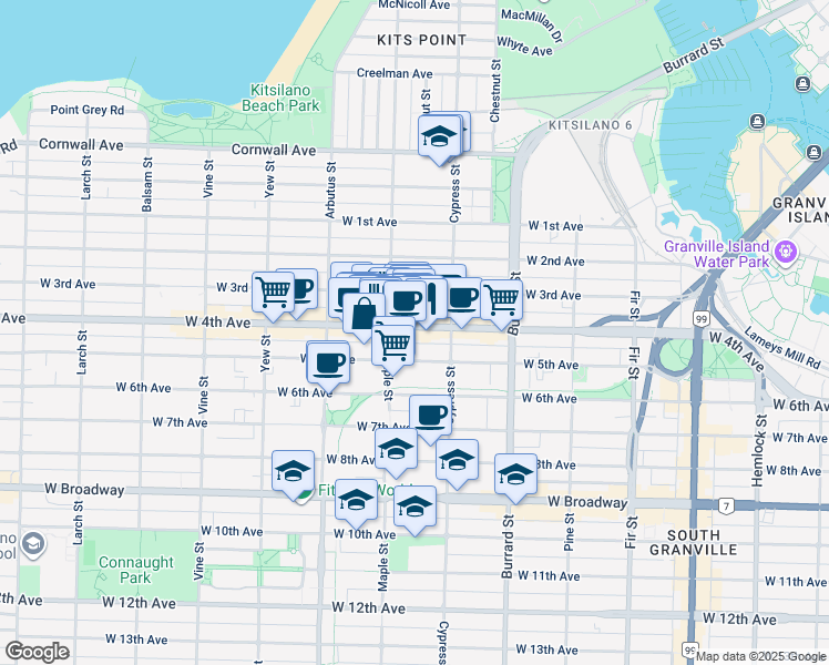 map of restaurants, bars, coffee shops, grocery stores, and more near 1962 West 4th Avenue in Vancouver