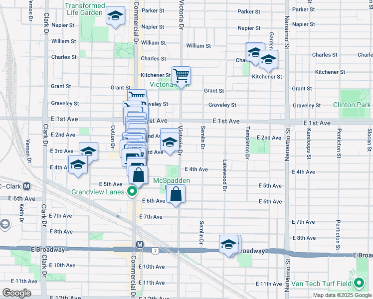 map of restaurants, bars, coffee shops, grocery stores, and more near 1921 East 3rd Avenue in Vancouver