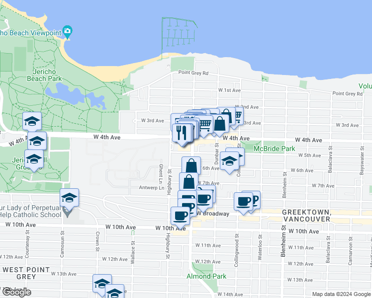 map of restaurants, bars, coffee shops, grocery stores, and more near 2083 Alma Street in Vancouver