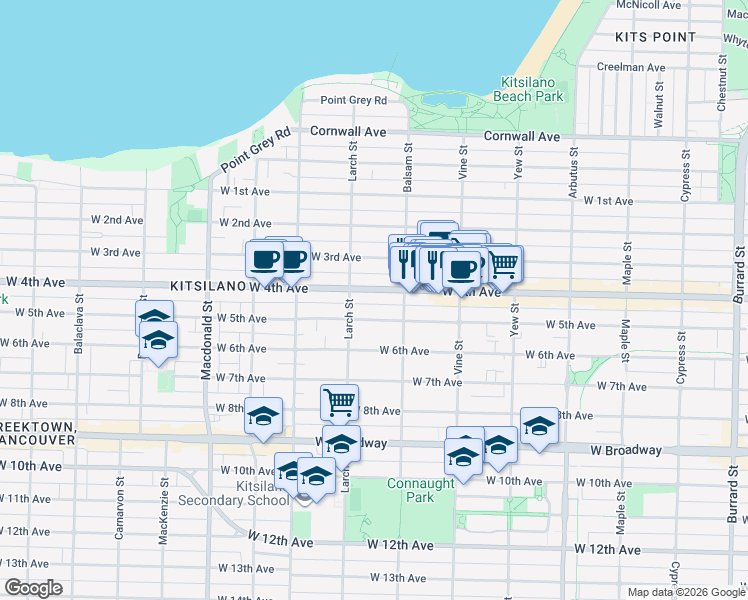 map of restaurants, bars, coffee shops, grocery stores, and more near in Vancouver