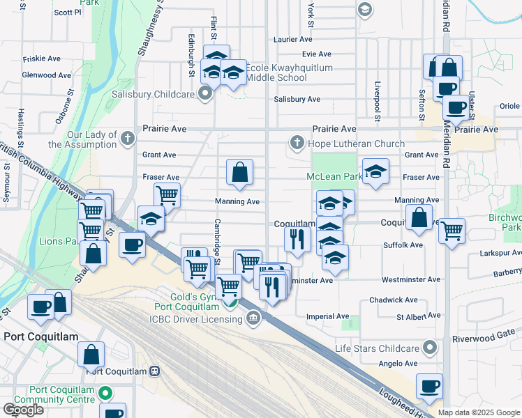map of restaurants, bars, coffee shops, grocery stores, and more near 3047 Oxford Street in Port Coquitlam