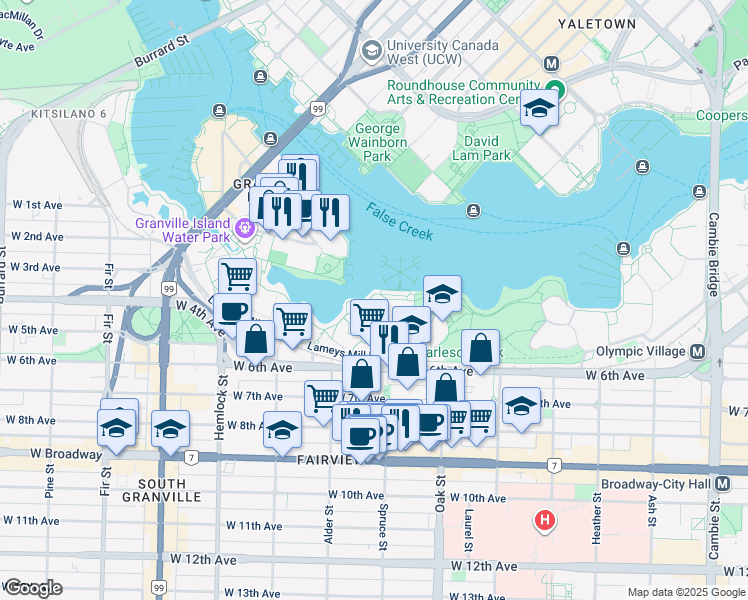 map of restaurants, bars, coffee shops, grocery stores, and more near 1106 Ironwork Passage in Vancouver