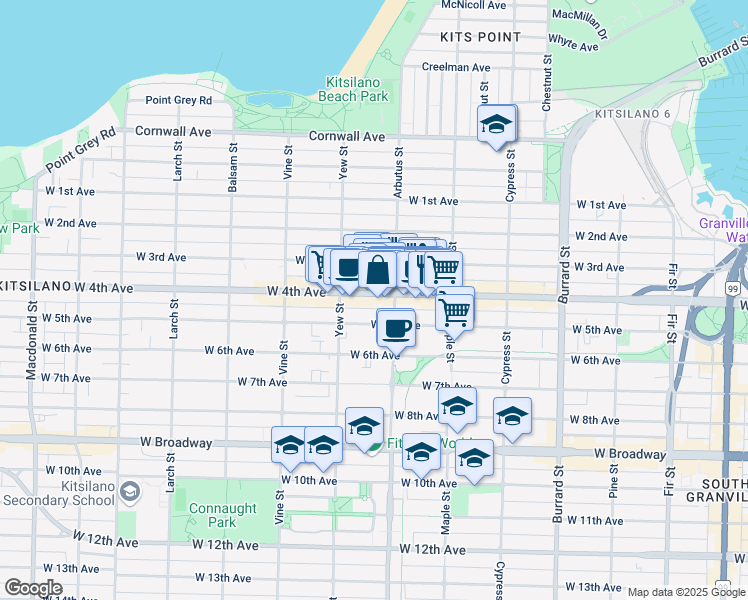 map of restaurants, bars, coffee shops, grocery stores, and more near in Vancouver