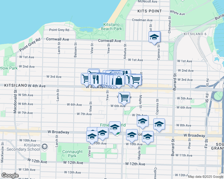 map of restaurants, bars, coffee shops, grocery stores, and more near 2180 West 4th Avenue in Vancouver