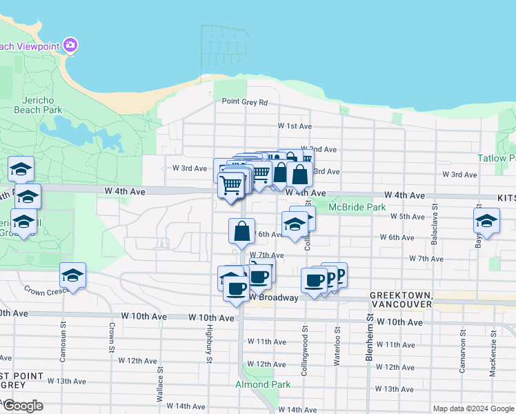 map of restaurants, bars, coffee shops, grocery stores, and more near 3651 West 5th Avenue in Vancouver