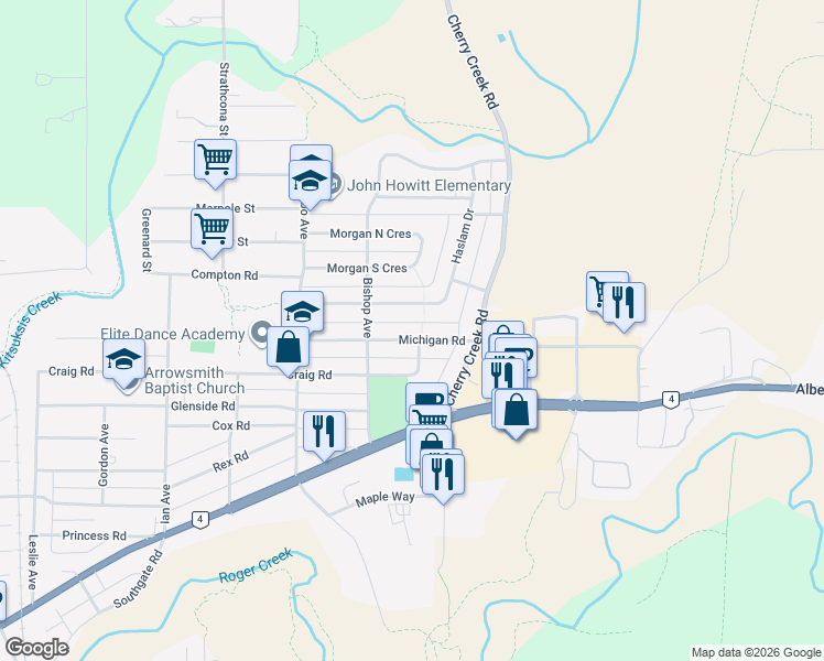 map of restaurants, bars, coffee shops, grocery stores, and more near 3725 Michigan Road in Port Alberni