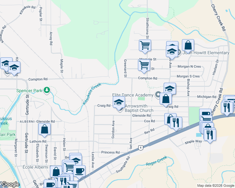 map of restaurants, bars, coffee shops, grocery stores, and more near 4291 Michigan Road in Port Alberni