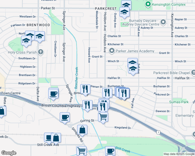 map of restaurants, bars, coffee shops, grocery stores, and more near 5606 Halifax Street in Burnaby