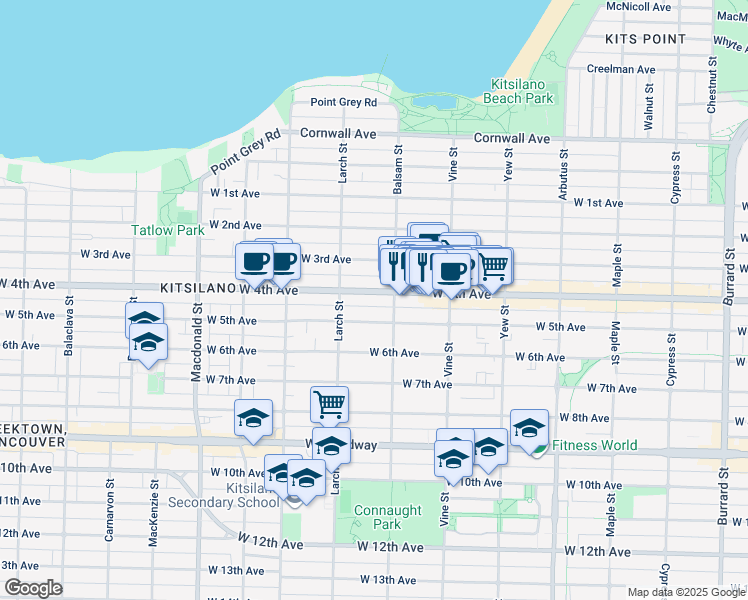 map of restaurants, bars, coffee shops, grocery stores, and more near 2436 West 4th Avenue in Vancouver
