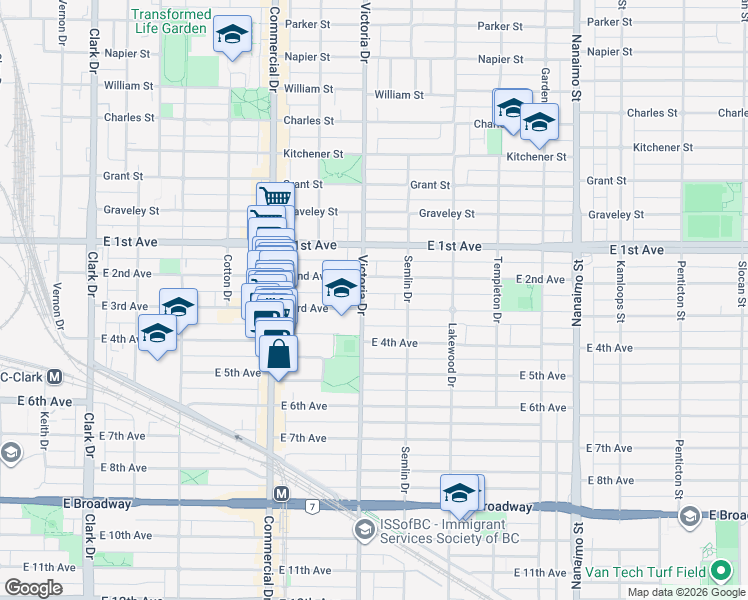 map of restaurants, bars, coffee shops, grocery stores, and more near 1915 East 3rd Avenue in Vancouver