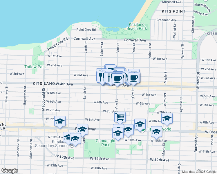 map of restaurants, bars, coffee shops, grocery stores, and more near in Vancouver