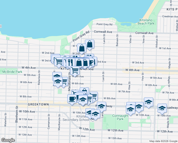 map of restaurants, bars, coffee shops, grocery stores, and more near 2015 Trafalgar Street in Vancouver